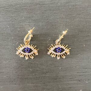 Gold Evil Eye Royal Blue Rhinestone Dangling 1.25" Gold Hoop Earring Protection